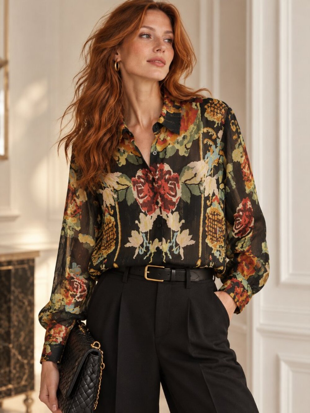 RACHEL ZOE Black Floral Sheer Lurex Blouse Boho Luxe Artsy Maximalist Button Up